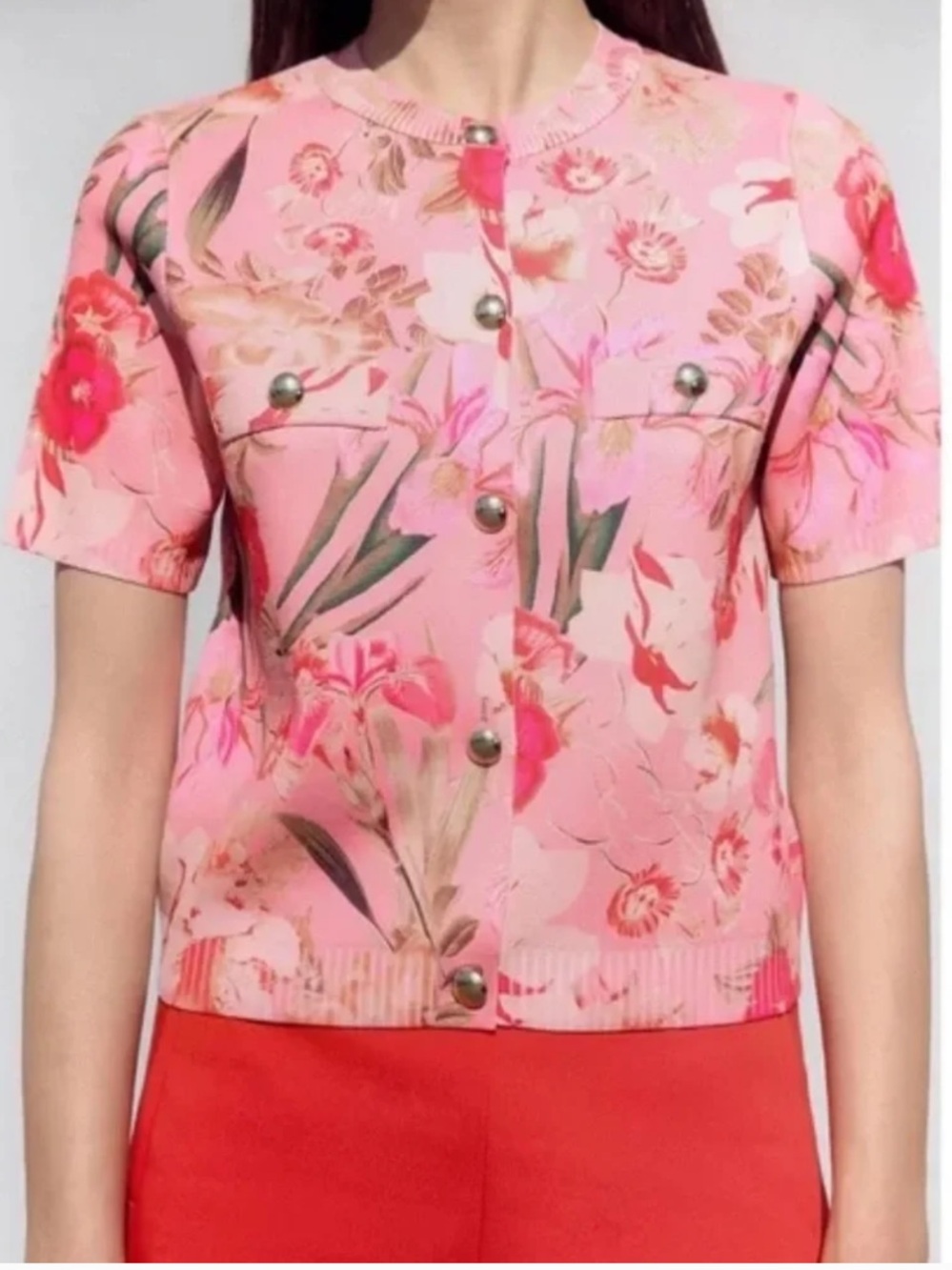 Zara Pink Floral Short-Sleeve Cardigan with Gold Buttons